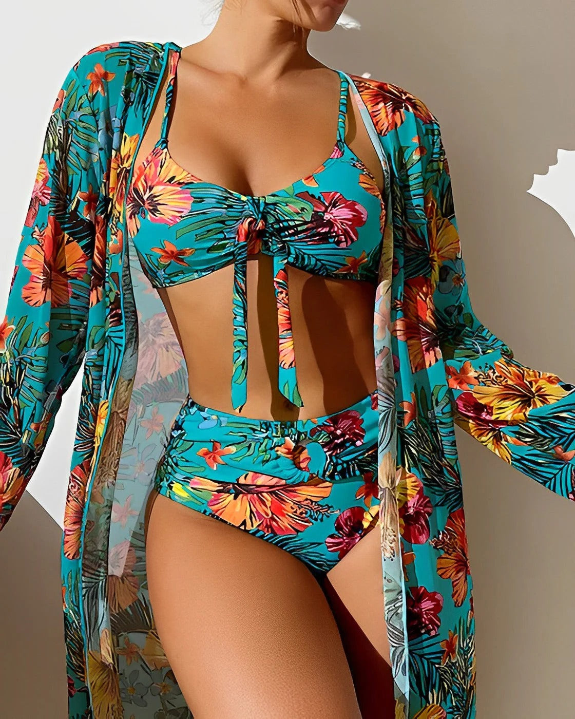 Ensemble Maillot De Bain Femme Taille Haute Été Imprimé Floral Trois Pièces Confort Élégance