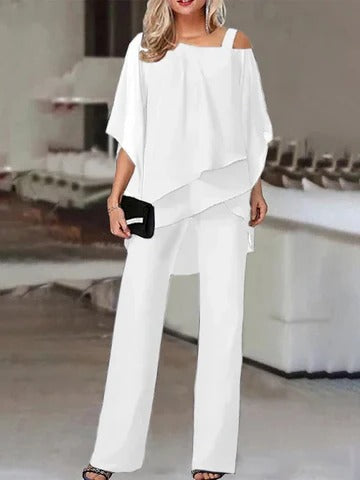 Ensemble Deux Pièces Pantalon Et Haut À Épaules Dénudées En Couches Pour Femmes Modernes