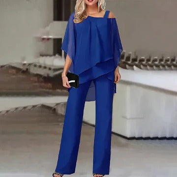 Ensemble Deux Pièces Pantalon Et Haut À Épaules Dénudées En Couches Pour Femmes Modernes