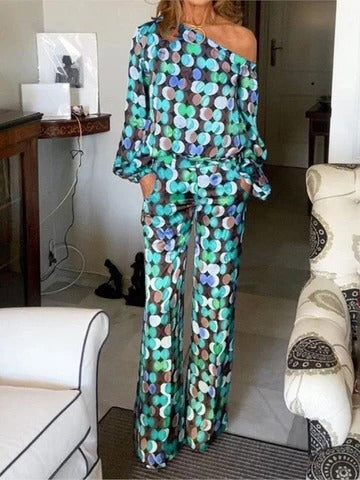 Ensemble Deux Pièces Femme Multicolore Haut Imprimé Fluide Et Pantalon Évasé Confort Et Élégance