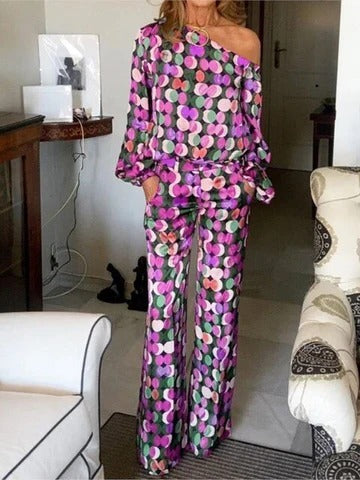 Ensemble Deux Pièces Femme Multicolore Haut Imprimé Fluide Et Pantalon Évasé Confort Et Élégance