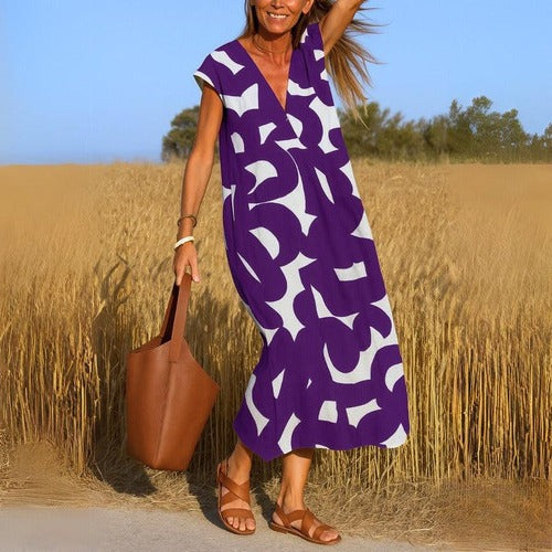 Robe Décontractée Imprimée Col V Légère Pour Été Chaud Voyage Quotidien Et Confortable Amawinc