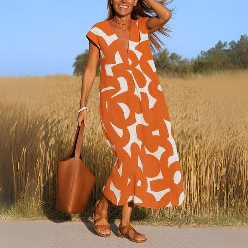 Robe Décontractée Imprimée Col V Légère Pour Été Chaud Voyage Quotidien Et Confortable Amawinc
