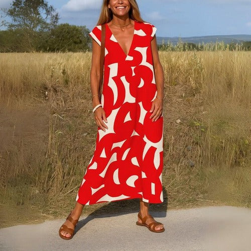 Robe Décontractée Imprimée Col V Légère Pour Été Chaud Voyage Quotidien Et Confortable Amawinc
