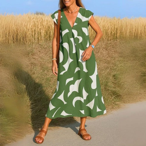 Robe Décontractée Imprimée Col V Légère Pour Été Chaud Voyage Quotidien Et Confortable Amawinc
