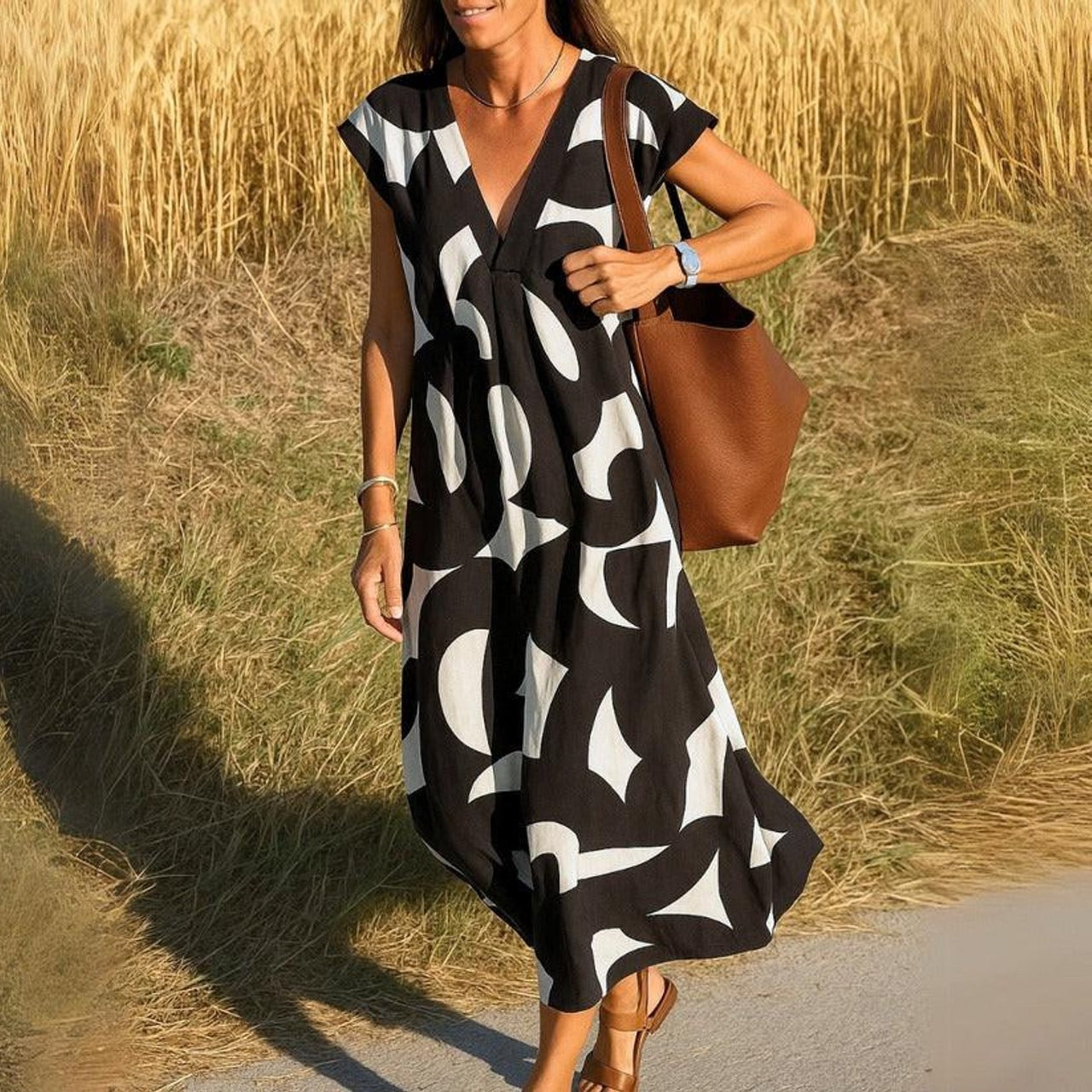 Robe Décontractée Imprimée Col V Légère Pour Été Chaud Voyage Quotidien Et Confortable Amawinc