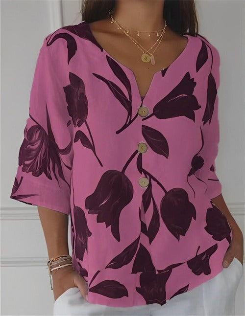 Blouse Fluide à Col en V à Motifs Floraux Pour le Quotidien Confortable et Chic Élégante