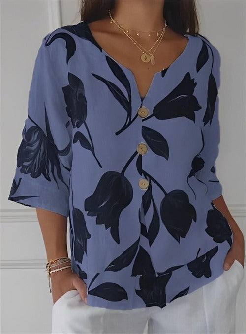 Blouse Fluide à Col en V à Motifs Floraux Pour le Quotidien Confortable et Chic Élégante