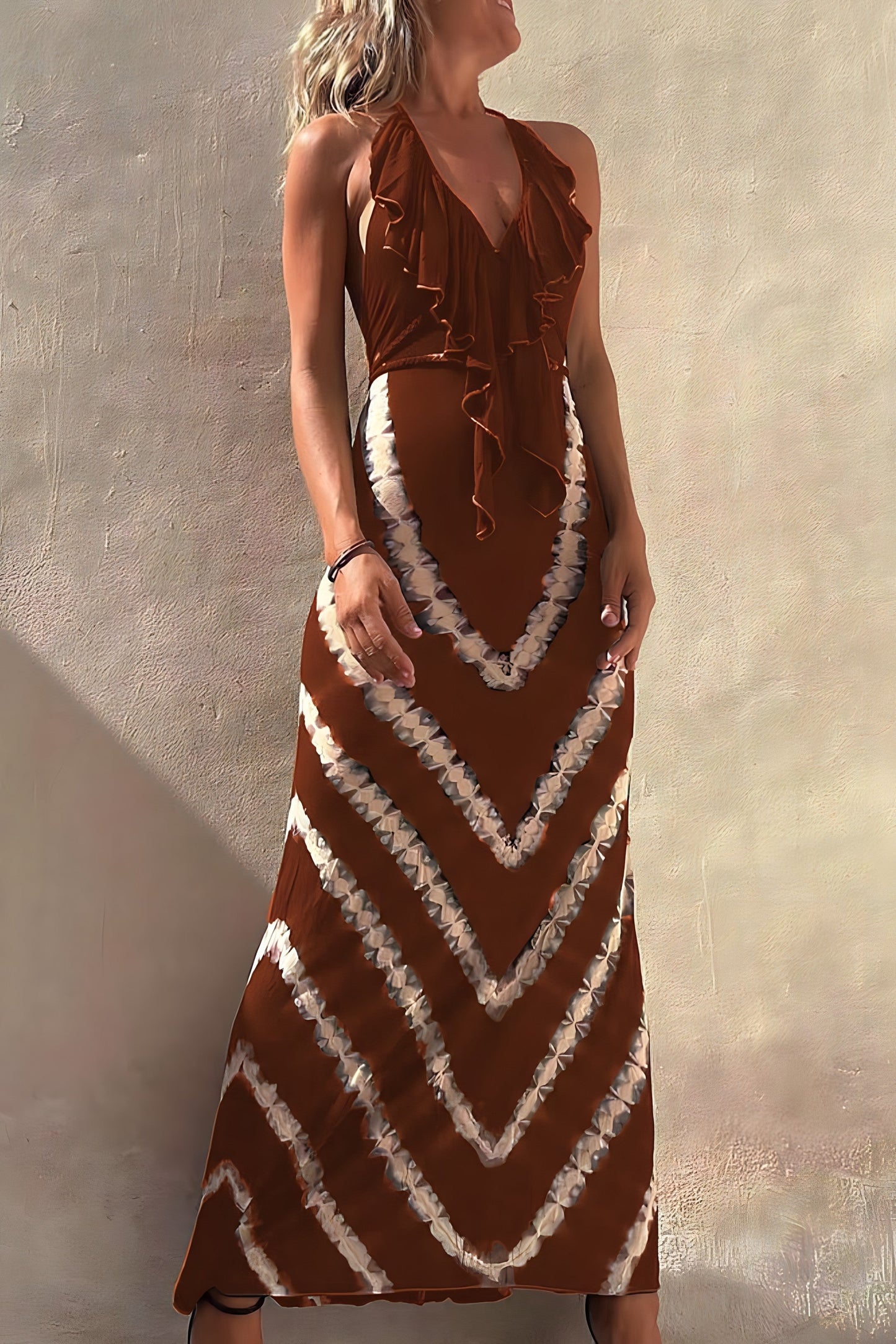 Robe Maxi Femme À Col Halter Encolure V Avec Volants Légère Et Fluide Pour Été Et Confort