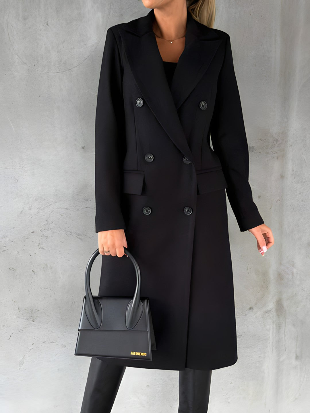 Manteau Femme En Laine Mélangée Coupe Slim Long Double Boutonnage Col Revers À Cran