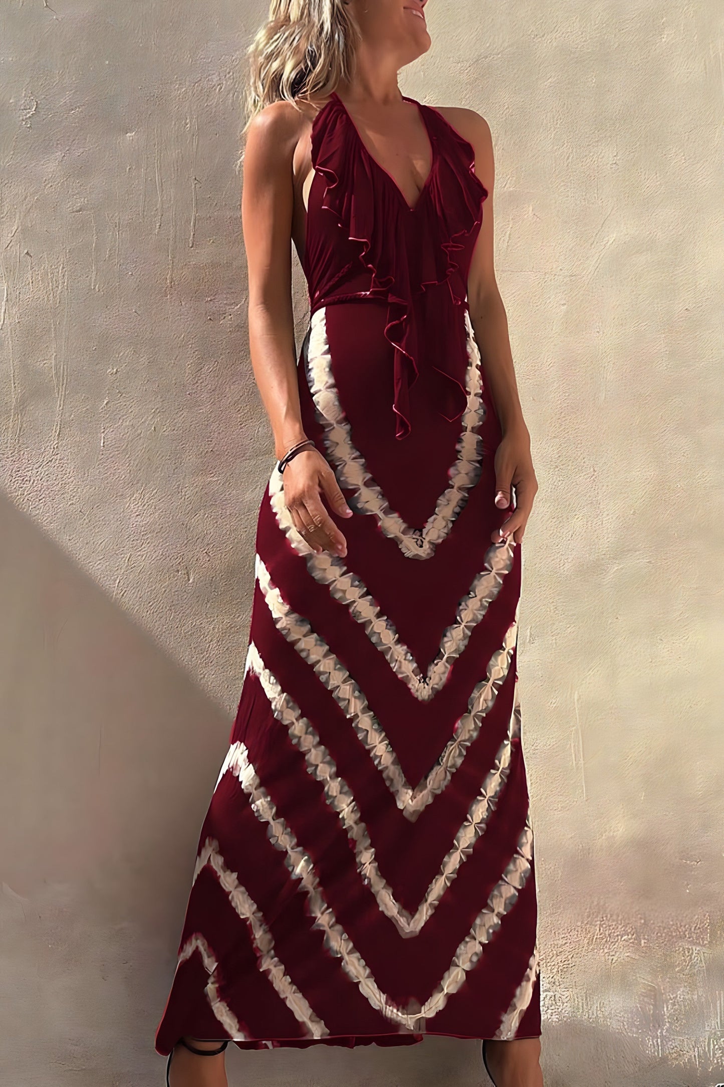 Robe Maxi Femme À Col Halter Encolure V Avec Volants Légère Et Fluide Pour Été Et Confort