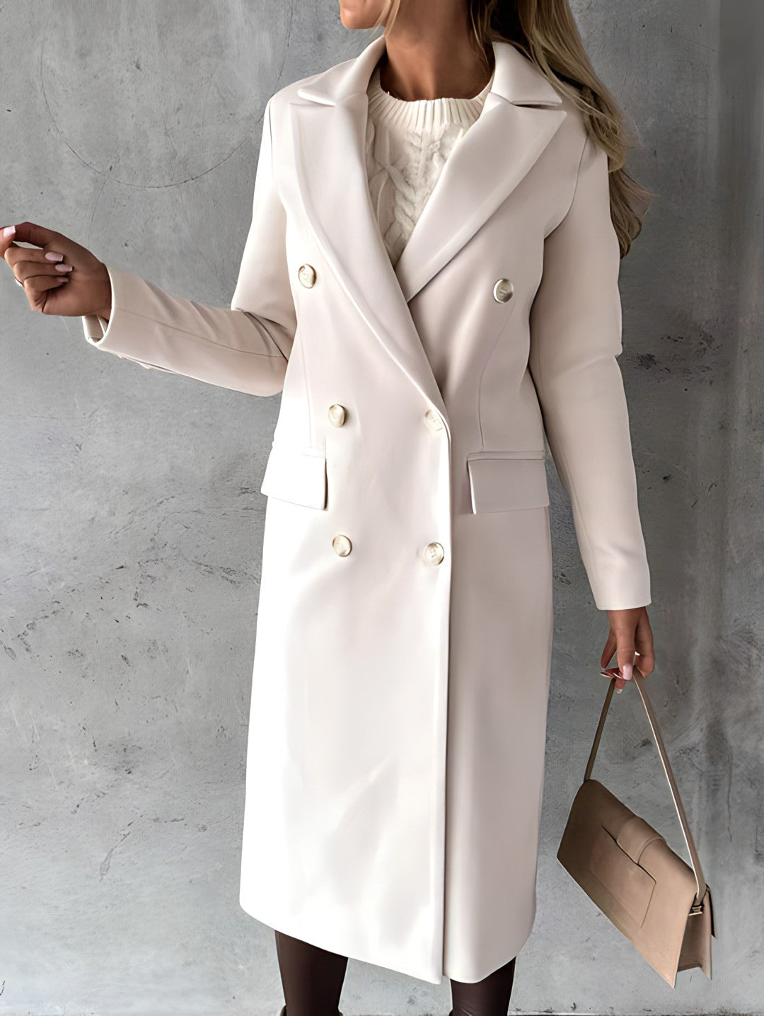 Manteau Femme En Laine Mélangée Coupe Slim Long Double Boutonnage Col Revers À Cran