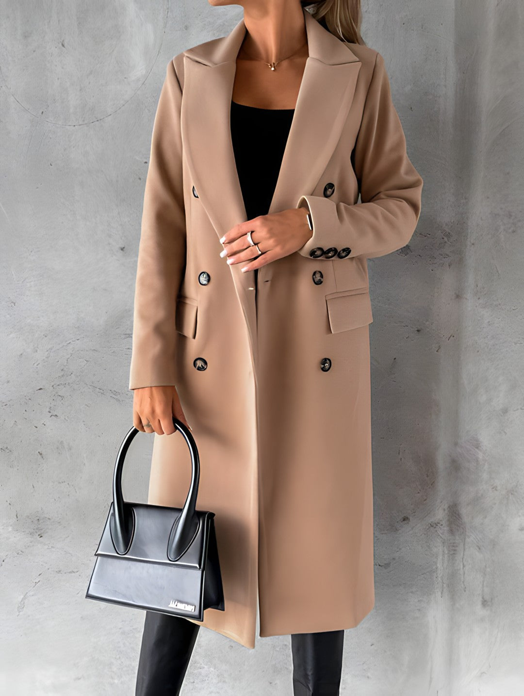 Manteau Femme En Laine Mélangée Coupe Slim Long Double Boutonnage Col Revers À Cran