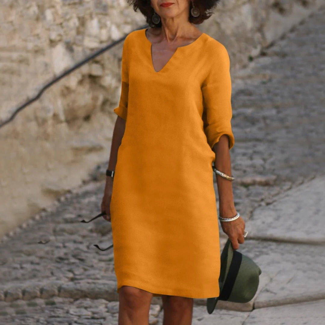 Robe D'Été Midi Décontractée À Encolure V Respirante Et Manches Courtes Amawinc Confort Polyvalente
