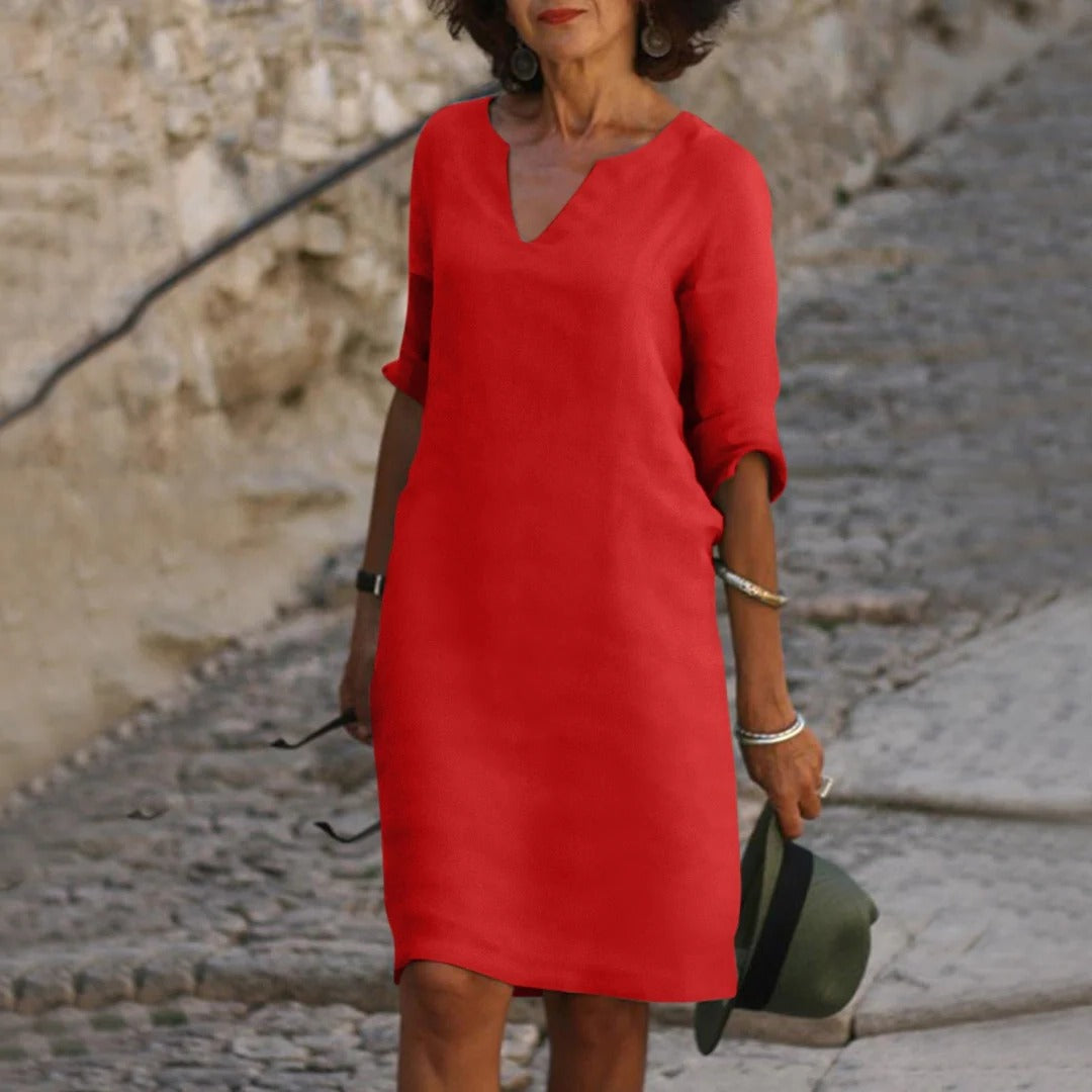 Robe D'Été Midi Décontractée À Encolure V Respirante Et Manches Courtes Amawinc Confort Polyvalente
