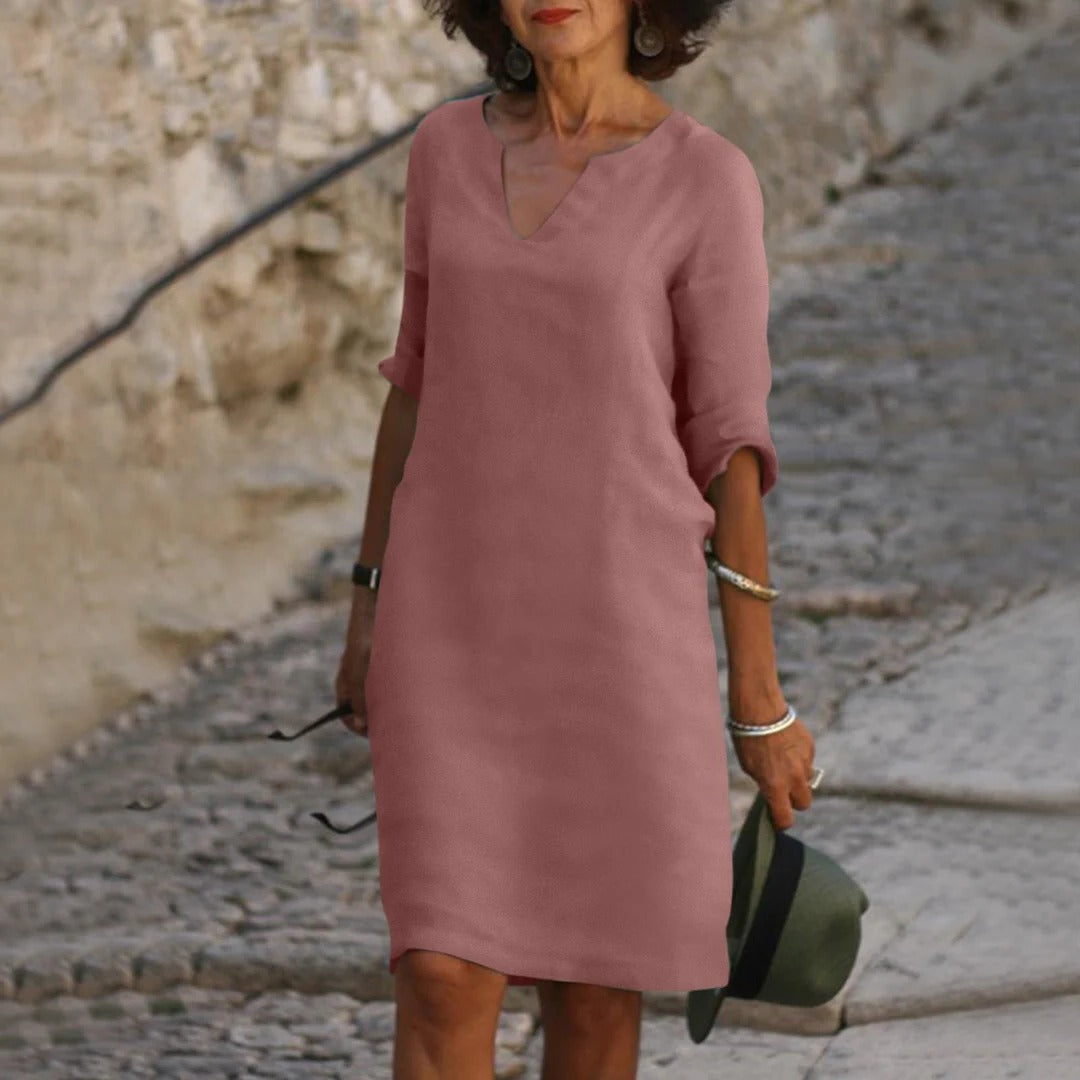 Robe D'Été Midi Décontractée À Encolure V Respirante Et Manches Courtes Amawinc Confort Polyvalente