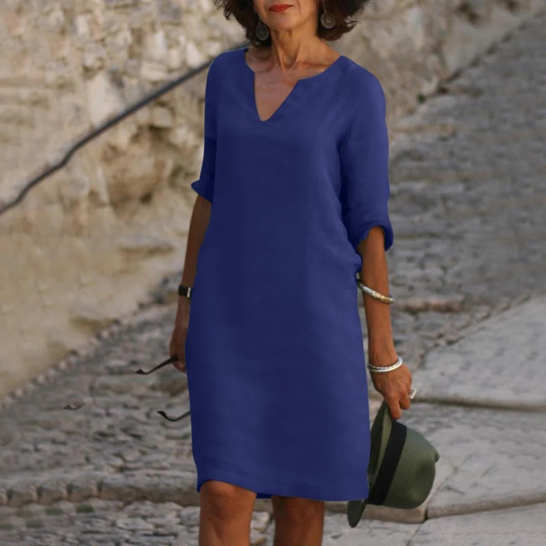 Robe D'Été Midi Décontractée À Encolure V Respirante Et Manches Courtes Amawinc Confort Polyvalente