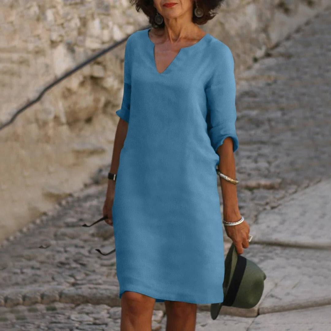 Robe D'Été Midi Décontractée À Encolure V Respirante Et Manches Courtes Amawinc Confort Polyvalente