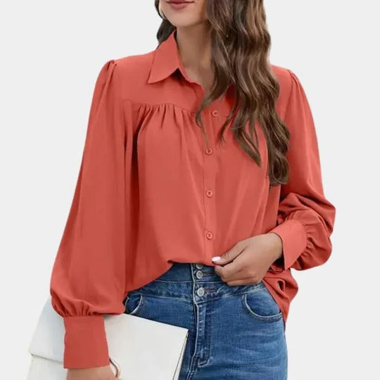 Blouse Femme Manches Lanternes Col Chemise Unie Détails Boutons Idéale Travail Printemps Été Automne