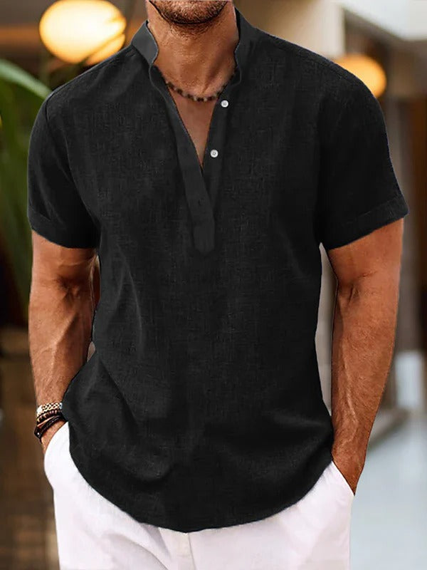 Chemise Homme Manches Courtes Avec Patte De Boutonnage Col Mandarin Décontractée Pour Port Quotidien