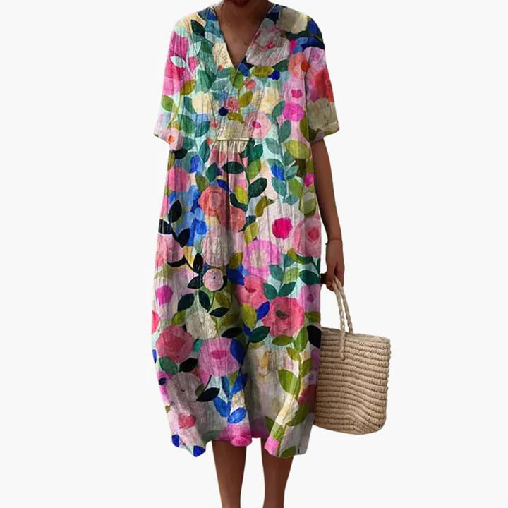 Robe Amawinc D'Été Pour Femmes Fluide Respirant Motif Fleuri Col V Manches Courtes