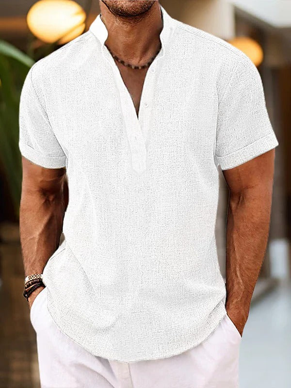Chemise Homme Manches Courtes Avec Patte De Boutonnage Col Mandarin Décontractée Pour Port Quotidien