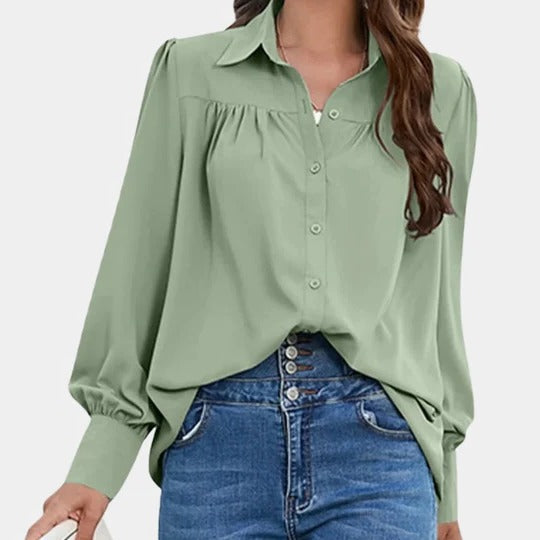 Blouse Femme Manches Lanternes Col Chemise Unie Détails Boutons Idéale Travail Printemps Été Automne