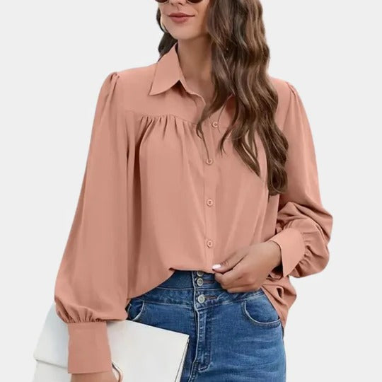 Blouse Femme Manches Lanternes Col Chemise Unie Détails Boutons Idéale Travail Printemps Été Automne