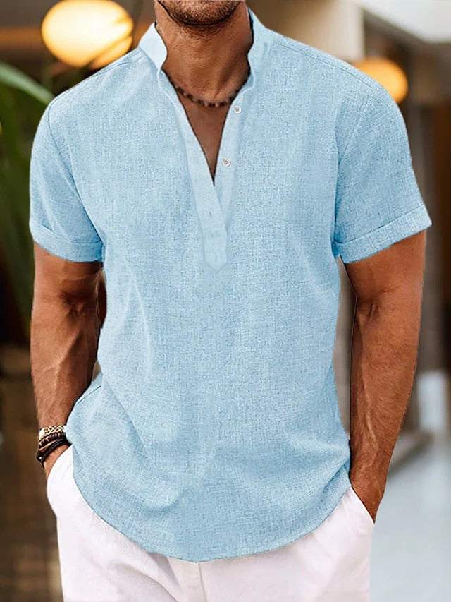 Chemise Homme Manches Courtes Avec Patte De Boutonnage Col Mandarin Décontractée Pour Port Quotidien