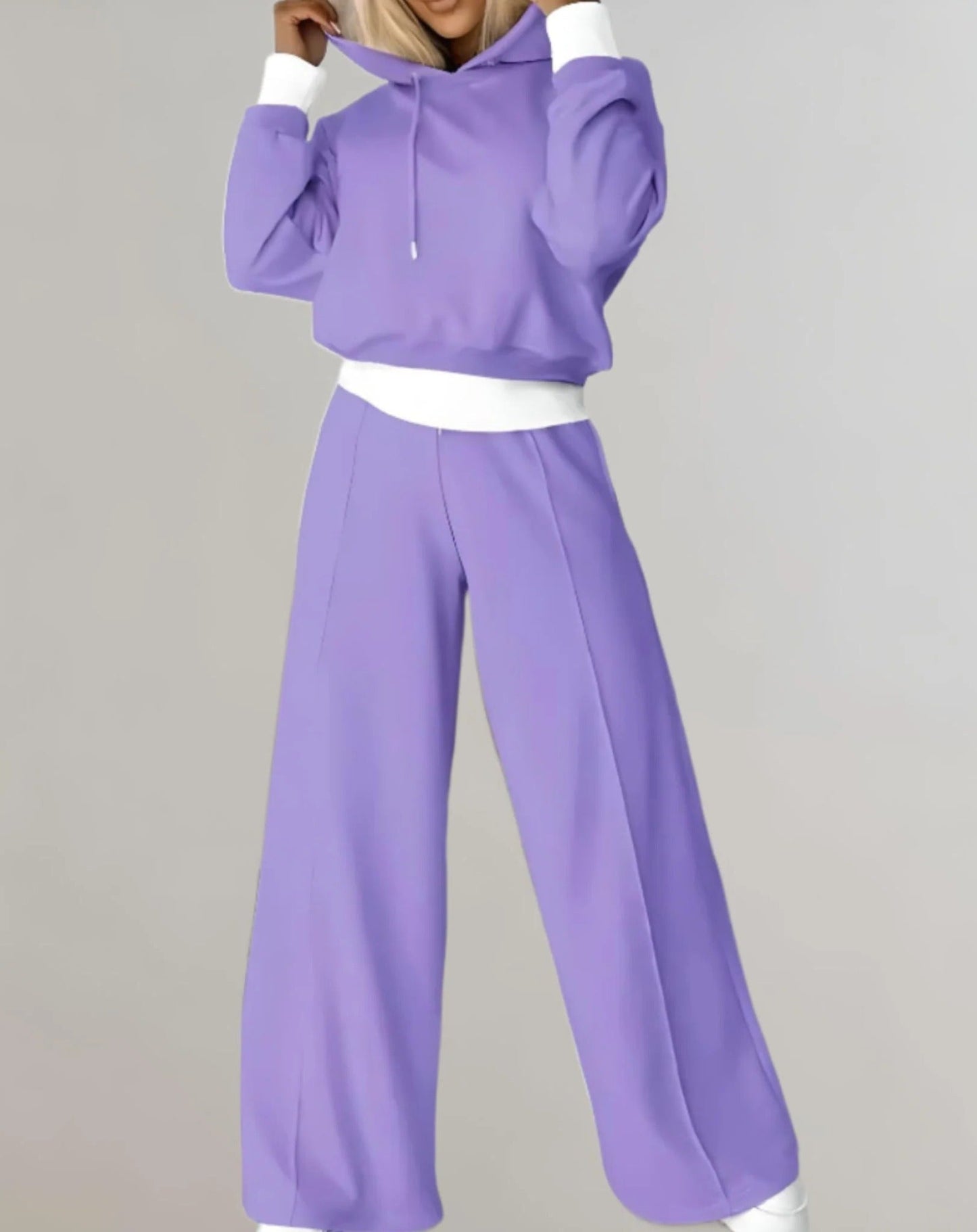 Ensemble Deux Pièces Haut Court Avec Hoodie Bicolore Et Pantalon Jogging Taille Élastique