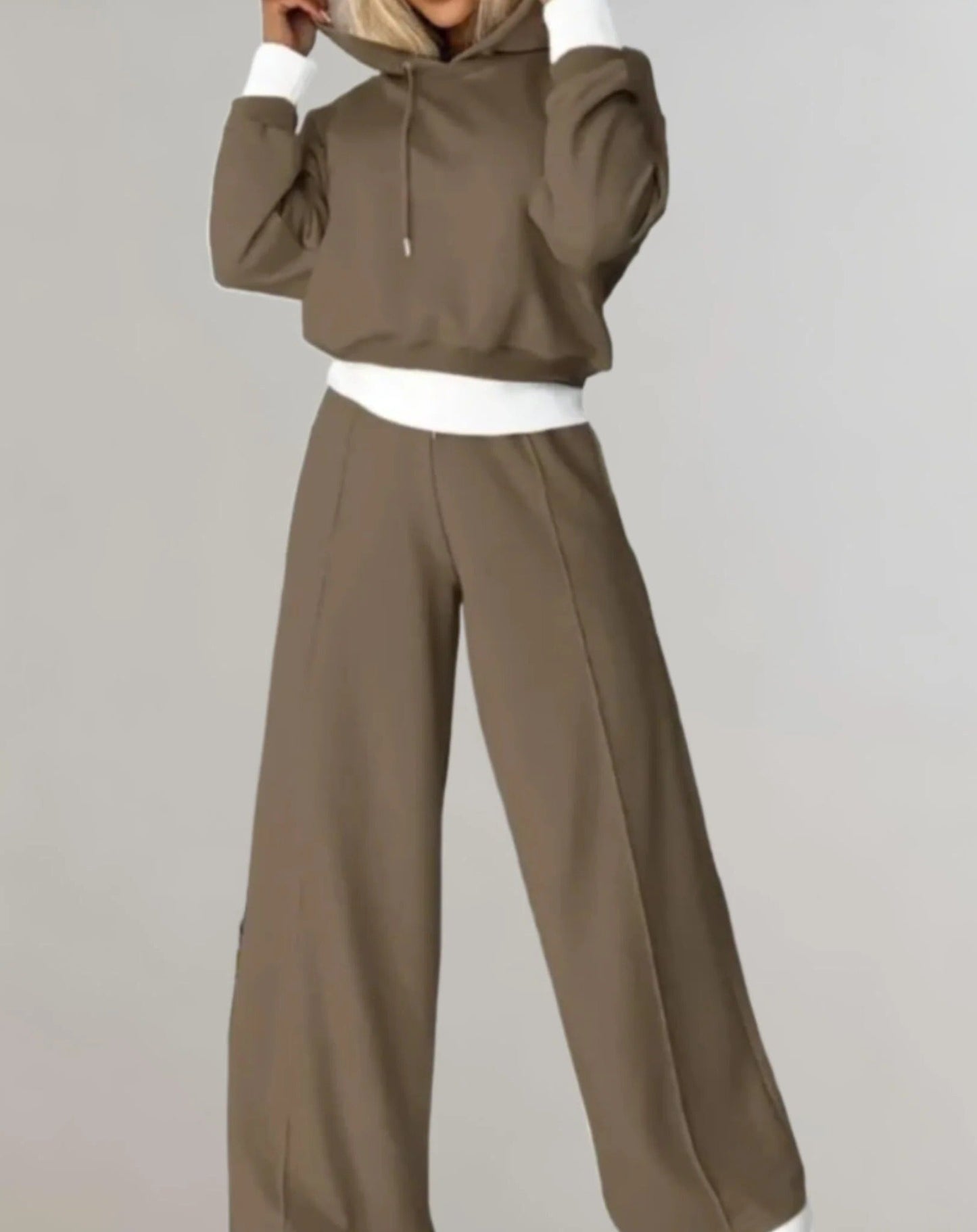 Ensemble Deux Pièces Haut Court Avec Hoodie Bicolore Et Pantalon Jogging Taille Élastique