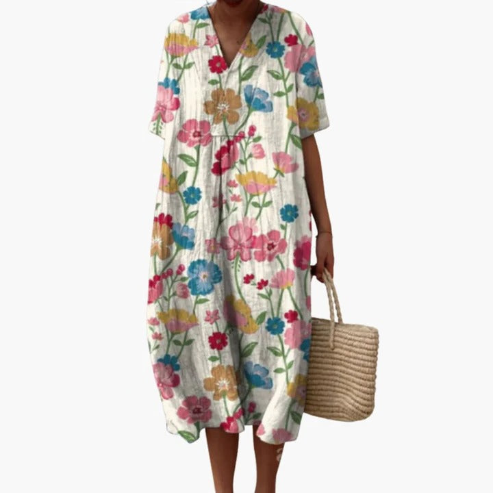 Robe Amawinc D'Été Pour Femmes Fluide Respirant Motif Fleuri Col V Manches Courtes