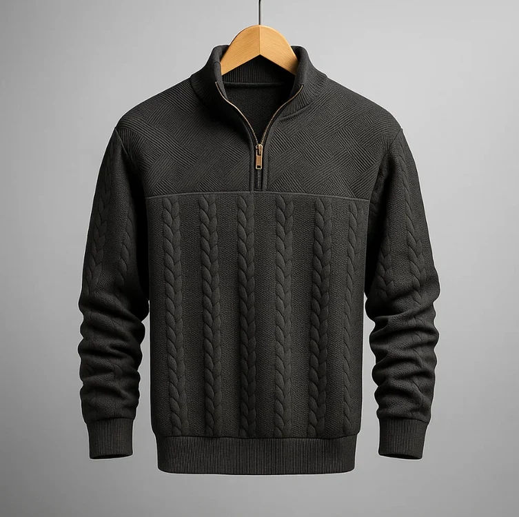 Pull Maille Cable Preston Col Zippé Quart Confort Durable En Coton Jacquard Premium