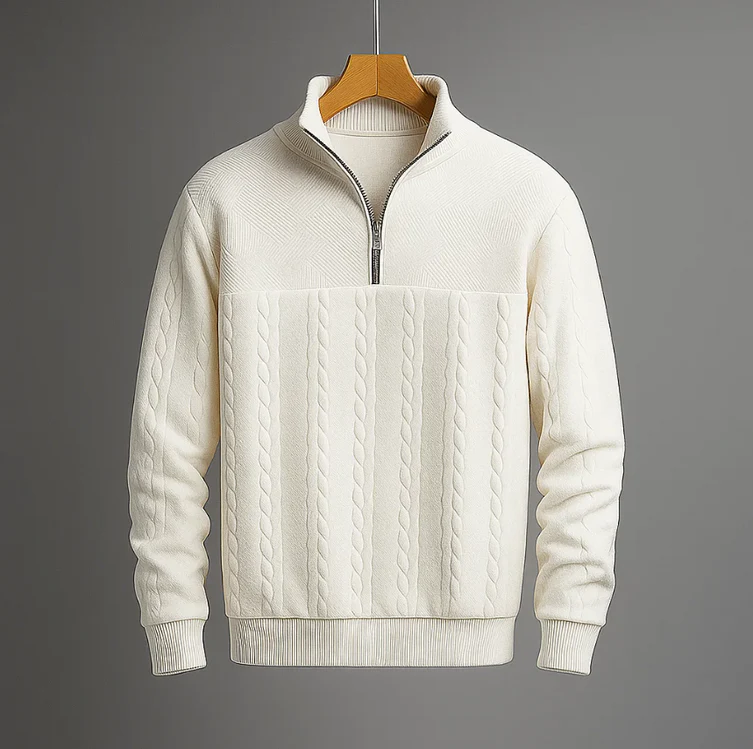 Pull Maille Cable Preston Col Zippé Quart Confort Durable En Coton Jacquard Premium