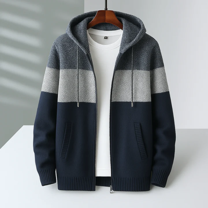 Hoodie Zippé Tricot Noir Pour Homme Color Block Douillet Doublé Polaire Amawinc Chaud