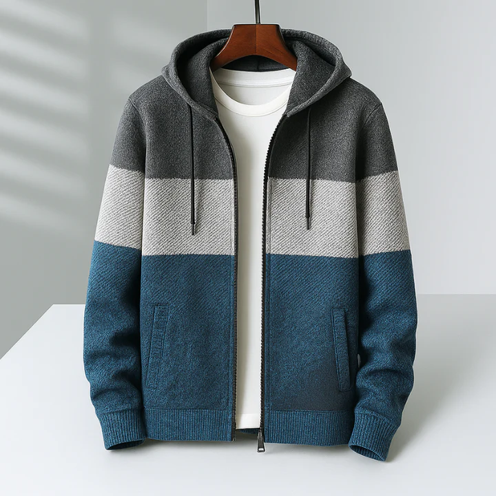 Hoodie Zippé Tricot Noir Pour Homme Color Block Douillet Doublé Polaire Amawinc Chaud