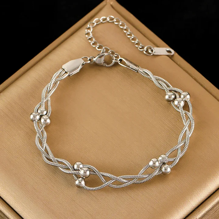 Bracelet Lyra Chaîne Serpent Triple Or Brillant Et Argent Poli Avec Billes Métalliques Léger Et Résistant Au Tarn
