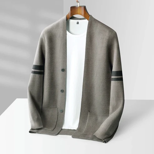 Cardigan Leonardi En Maille Pour Homme Amawinc Doux Et Respirant Avec Ourlet Côtelé Et Rayures Discrètes Sur Les Manches