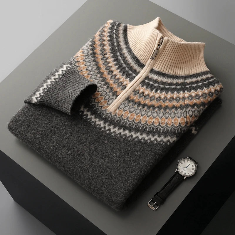 Pull Homme Émaric À Demi Zip En Mélange De Laine Avec Maille Texturée Et Col Zippé Amawinc