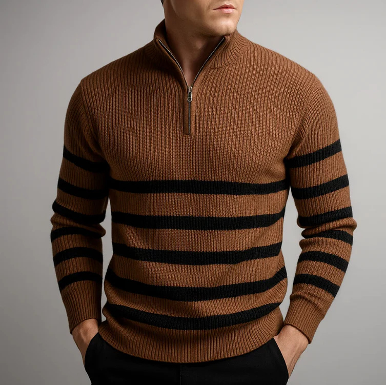 Amawinc Carlier Pull Zippé Rayé Pour Homme Noir Tricot Avec Rayures Blanches Horizontales Col Zippé Demi Longueur