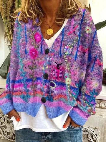 Cardigan Femme Motifs Rétro Bouton Devant Confortable pour Décontracté et Quotidien à Porter Toute l'Année