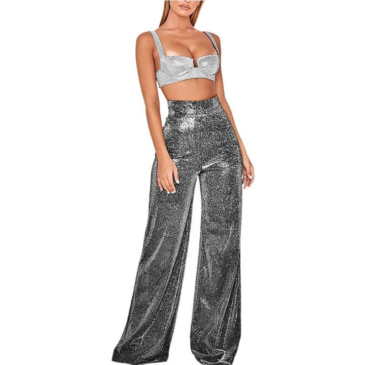 Pantalon Pailleté À Taille Haute Coupe Droite Avec Finition Scintillante Pour Une Silhouette Élégante