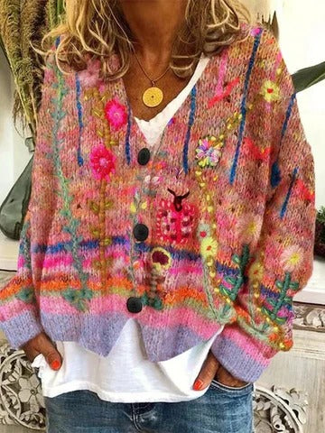 Cardigan Femme Motifs Rétro Bouton Devant Confortable pour Décontracté et Quotidien à Porter Toute l'Année
