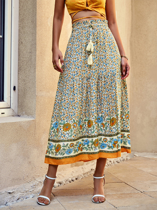 Jupe Maxi Féminine Style Bohème Imprimé Floral Légère Aérée Taille À Cordon Confortable Au Quotidien