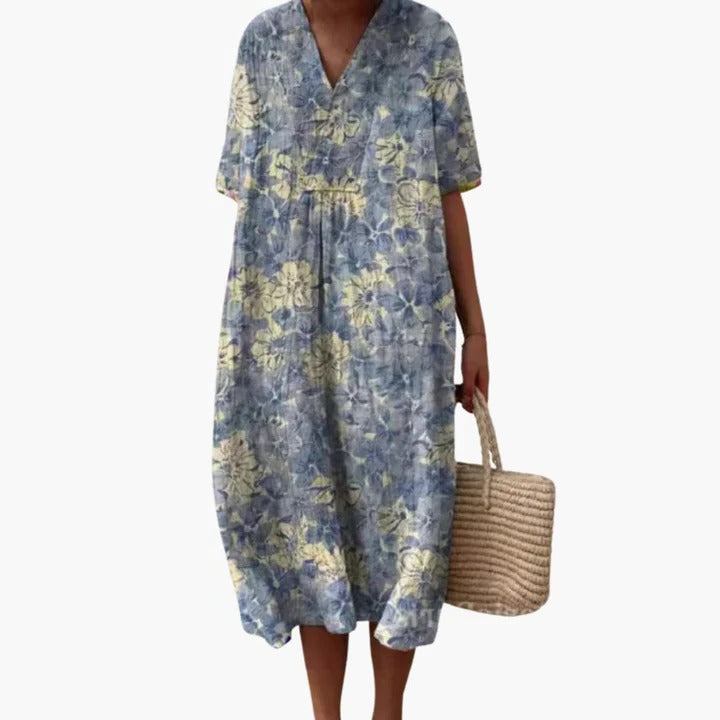 Robe Amawinc D'Été Pour Femmes Fluide Respirant Motif Fleuri Col V Manches Courtes