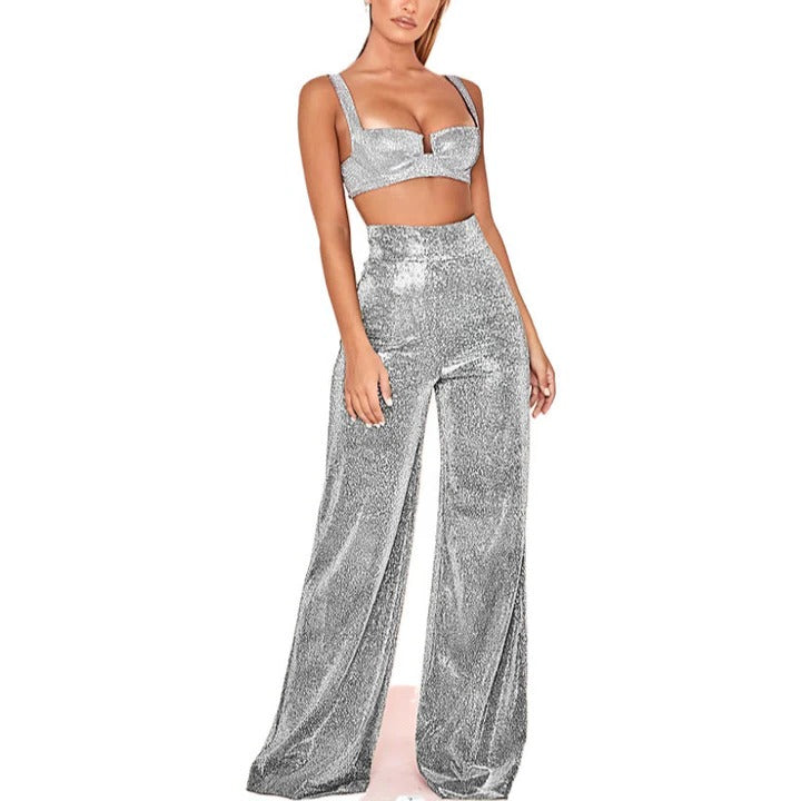 Pantalon Pailleté À Taille Haute Coupe Droite Avec Finition Scintillante Pour Une Silhouette Élégante