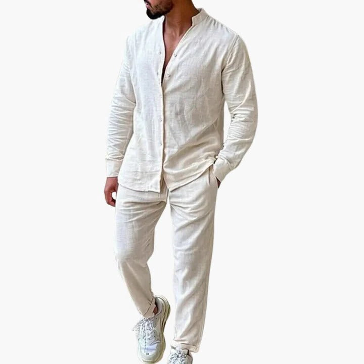 Ensemble Homme Été Deux Pièces Chemise À Col Debout Pantalon Léger Confort Estival Décontracté
