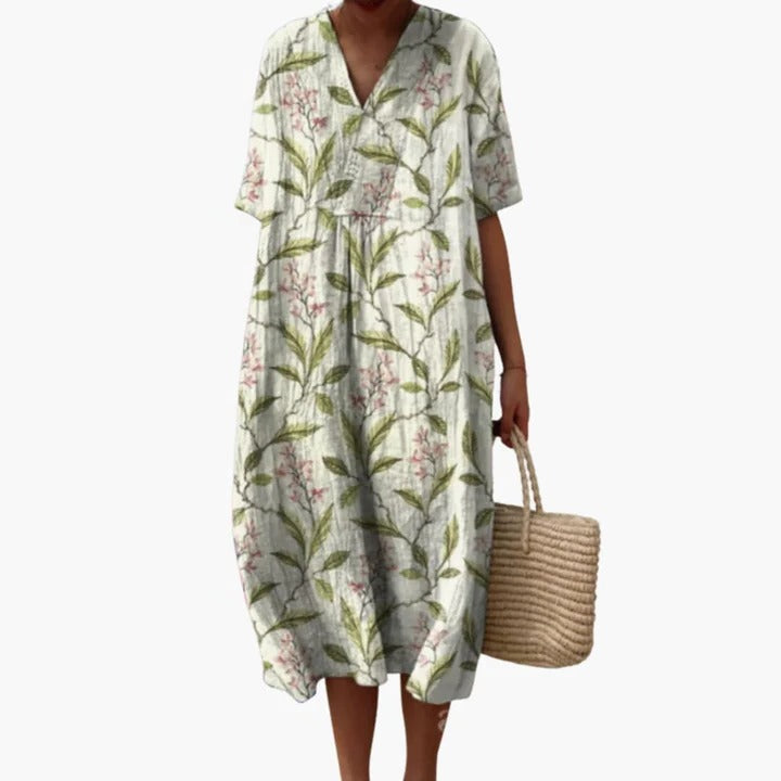 Robe Amawinc D'Été Pour Femmes Fluide Respirant Motif Fleuri Col V Manches Courtes
