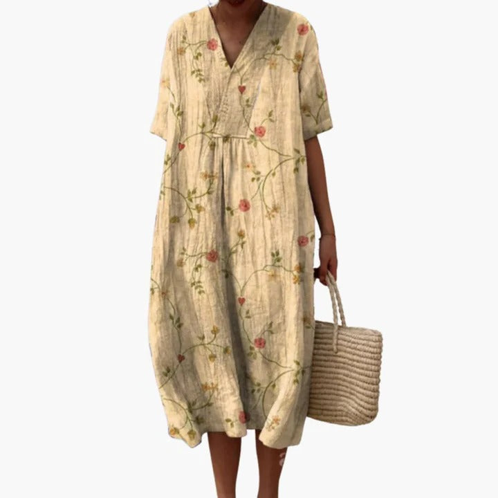 Robe Amawinc D'Été Pour Femmes Fluide Respirant Motif Fleuri Col V Manches Courtes