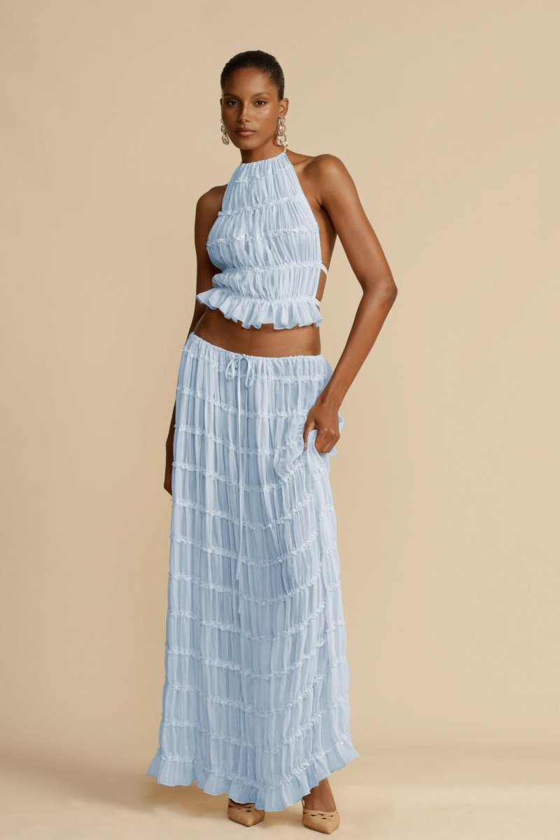 Ensemble Deux Pièces Pour Femmes Haut À Bretelles Avec Volants Jupe Longue Plissée Look Élégant